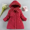 Daunenmantel Winterjacke für Mädchen, langer Stil, Perlenverzierung, Dekoration, Schal, Kapuzenfutter mit Samt, dick, warm halten für Kinder 231010