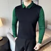 Suéter masculino 4 cores outono inverno cor contrastante turn down colarinho para homens roupas negócios casual slim fit pull homme preto 3xl