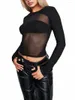 Женские футболки, весенне-осенний тонкий трикотаж, черные вязаные топы с длинными рукавами и круглым вырезом из прозрачной сетки в стиле пэчворк