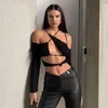 Damen T-Shirts 2023 Mode Sexy Hollow Out Bandage Asymmetrisches Crop Top Frauen Langarm Low Cut Slim T-Shirt Exposed Navel Tee