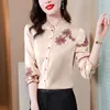 2023 Designer Women Button Up Shirt Long Sleeve Lapel Runway Blue Satin Blouse Autumn Winter Silk Lapel Classic Formal Shirts Office Ladies Runway Tops Plus Size