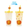 Tasses Halloween réutilisables avec pailles, tasse d'eau en plastique créative, ensemble de trois pièces, cadeau amusant à couleur froide changeante