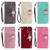 3d uil lederen portemonnee kisten voor iPhone 15 14 Pro Max 13 12 11 x XR XS 8 Samsung S23 Fe A05 A05S A15 A25 Bling Diamant Flower Lace Leuke slot Flip Cover Night Bird Holder Pouch