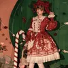 Robes décontractées Original mignon ours imprimé OP à manches longues robe lolita rouge avec cape année de Noël Kawaii poupée collier arc princesse