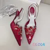Slippers Luxury Pink Lace Multicolor Crystal High Heel Sandals Wedding Shoes Quality Mesh Back Strap Dress Summer 231010