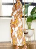 Vestidos casuais elegante impressão plissada jantar vestido mulheres amarelo com cinto manga longa robe femme africano maxi vestido