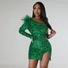 Casual Dresses Sexig One Shoulder Feather Long Sleeve Sequined BodyCon Midi Dress for Women Autumn Birthday Party Cocktail Festivals Luxury