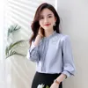 Vintage beżowa satynowa bluzka designerka stojak kołnierz Rucha Casual Work Bluzki plus rozmiar 2023 Office Panie Autumn Zima długie rękaw Eleganckie jedwabne topy pasa startowe