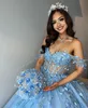 Glitter Tule Quinceanera Jurk 2024 3D Pailletten Charro Mexicaanse Kweepeer Zoete 15/16 Verjaardagsjurk voor 15e Meisje Drama Winter Formeel Schoolfeest Gala Groen Lichtblauw Roze