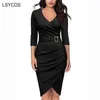 Casual Dresses LSYCDS Elegant V-ringklänning Kvinnor 3/4 Sleeve Office Party Solid Green Black White Red Mante S-3XL