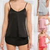 Casa roupas femininas conjunto de pijama 2 peça cor sólida cinta espaguete com decote em v pijamas lingeries cintura alta shorts camisola verão pijama