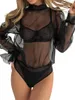 Mulheres camisetas Mulheres Sheer Malha Bodysuits Camisa Bandage Recorte Puff Manga Longa Macacões Curtos Clubwear Streetwear