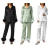 Hirigin Damen-Pyjama-Set aus Seidensatin, langärmlig, mit Knöpfen, Reverskragen, Oberteile, Nachtwäsche, zweiteilig, mit Hose