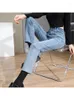 Kadınlar Kot Hafif Mavi Kadın Ayak Bileği Uzunluğu Yıkanmış Yüksek Bel Cepleri Y2K Kadın Denim Pantolon Düz Bacak Street Giyin