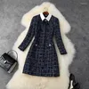 Casual Dresses Autumn Winter Plaid Tweed Dress Women Designer Navy Blue Blight Long Sleeve Diamonds Knappar Vintage Woolen Mini B271T