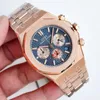 Armbanduhren Luxus Herren Quarz Chronograph Uhr Stoppuhr Schwarz Blau Roségold Silber Edelstahl Armband Leuchtender Saphir Kalender