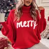 Women's Sweaters Letter Print Knitted Sweater Women Winter Turtleneck Batwing Sleeve Pullovers Female Fashion High Street Casual Chirstmas