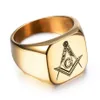 Retro-Stil Edelstahl Ring Hip-Hop Gold Herrenmode Maurer Freimaurer Siegelringe mit schwarzem Mason Symbol Deep Clear268D