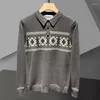 Suéteres para hombres Contraste retro Estampado étnico Suéter de punto Color empalmado Herren Jersey Punto Inglaterra Estilo Bolsillo Hombres Noel Kazak Moda