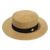 Moda tecido de aba larga ouro metal abelha moda ampla palha boné pai criança plana superior viseira feminino chapéu de palha mesquinho borda chapéus high267f