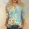 Camisetas femininas moda pintura a óleo impressão topos três quartos manga botão colarinho casual feminino camiseta blusa gráfica