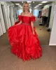 Puff rękawy długa sukienka balowa 2K24 Off Ramper Ruffles Organza Ballgown Lady Contraż Zima Formalna impreza koktajlowa suknia Koktajlowa Sash Ava Fuchsia Red Purple