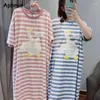 Women's Sleepwear Cute Long Nightgown Summer Woman Milk Silk Kawaii Nightdress Stripe Animal Korean Pajamas Ins Round Collar Home Dress