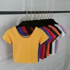 T-shirt da donna elasticizzate in cotone da donna sexy scollo a U Crop Top ragazze manica corta moda femminile tinta unita T-shirt che scopre l'ombelico