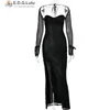 Casual Dresses EDGLuLu Strapless Long Sleeved Black Sequins Birthday Dress Lace-Up Backless Sexy Elegant Split Party Evening 0903