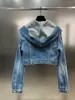 女性用ジャケットプリプンプ2023秋コレクション長袖のシングルボタンフード付きブルーショートデニムジャケット女性GL167