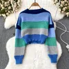 Swetry damskie Vintage Stripe O Neck Długie rękaw Kolek -Koreański sweter modowy Kobiet jesienne zimowe top