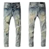 Heren skinny jeans denim met letters blauw knie gescheurd met gaten slank voor jongens heren biker moto rechte pijpen mode nood H322V