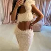 Work Dresses Fashion Soft Plush One Shoulder Crop Top Long Split Skirt Summer Two Piece Sets Outfits 2023 Birthday Party Suits For Women