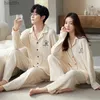 Men's Sleepwear Cotton Pajamas Women's Sleepwear Autumn Cardigan Nightwear Men Home Wear Waffle Pjs Korean Fashion Home Clothes pyjama hommeL231011