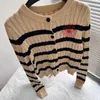 Women's Knits Women Khaki Striped Cardigan 2023 Autumn Floral Embroidery Twisted Round Neck Button