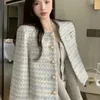 Women's Jackets Light Blue Tweed Striped Jackets For Women Temperament Tunic Vintage Korean Fashion Coat Crop Tops Womens Clothing Clothes 231010