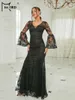 Casual Dresses Missord 2023 Black Lace Formal Evening Women Elegant V Neck Flare Sleeve Bodycon Mesh Wedding Party Prom Dress Long Gown