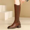 Boots DRFARGO Women Winter Autumn Back Zipper Stretch Fabric 5.5cm Block High Heel Fashion Mid-calf Genuine Leather Size 34