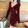 Vestidos casuais mulheres design retro outono confortável elegante sexy decote em v sólido all-match simples estilo coreano clássico nightclub chique