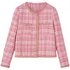 Kvinnorjackor Heavy Industry Pink Woven Tweed Coat Kvinnlig temperament Crew Hals Lång ärmknappar Woolen Jacket Autumn Clothes 231010