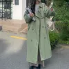 Jaquetas femininas Coreia do Sul chique outono e inverno retro preguiçoso lapela dupla breasted fivela cintura manga longa sobre o joelho trench coat