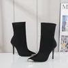 Designer Black Elastic Cloth High Heel Ankle Boots with Pointed Square Sleeve Outsole Boots for Women's Sizes 35-42