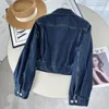 Damesjassen Damesmode Flip Pocket Decoratie Cropped denim jasje Vintage lange mouw Met knopen Vrouwelijke bovenkleding Chique overshirt