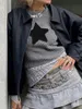 レディースニットティーズ女性リブ付きニットクロップトップロングスリーブクルーネックスター刺繍スリムフィット秋Tシャツグランジセーター231011