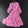 Casual Dresses Gagarich Floral Printting Lantern Sleeve Dress 2023 Summer Women Temperament Nail Bead V-Neck Chiffon High Waist Long