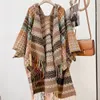 Knitted Shawl For Women Capes Boho Ponchos Tops Long Sleeve Tassel Cardigan Sweater Plaid Oversized