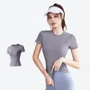 Active Shirts Women Sport Tops Elastic Quick Dry Slim Yoga Shirt präglad kortärmad t-shirt som kör sportkläder Girls Gym Workout Fitness