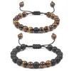 8mm Oeil de Tigre Pierre Perles Bracelet Corde Tressée Réglable Lave Noire Chakra Charme Guérison Équilibre Yoga Bracelets Pour Hommes Femmes1258C