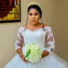 Princesa branco uma linha vestidos de casamento vestidos de noiva inchado em camadas tule manga longa até o chão vestido de noiva renda apliques lantejoulas plus size feito sob encomenda robe de mariee