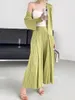 여자 2 피스 바지 miyake pleats 제발 디자이너 간단한 세트 주름 하이 허리 와이드 다리 캐주얼 코트 한국 패션 여성 의류